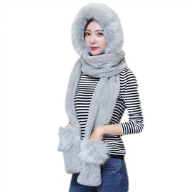 Women Hat Scarf Gloves Set 3-in-1 Winter Warm Plush Faux Fur Head Trapper Hooded Neck Warmer Windproof Earmuffs Snood Gloves Mittens Earflap Hat Long Scarf