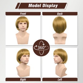 ColorGround Short Straight 60 70s Bowl Cut Funny Wig for Men Crazy Mushroom Cosplay Wig for Halloween (Blonde)