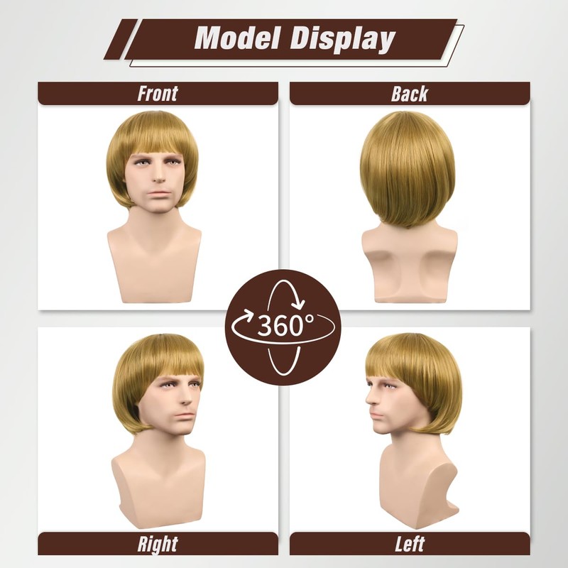 ColorGround Short Straight 60 70s Bowl Cut Funny Wig for