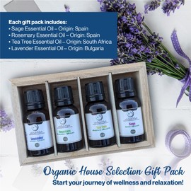 uh*Roh*Muh Organic Tea Tree Essential Oil, Organic Sage Essential Oil, Organic Rosemary Essential Oil and Organic Lavender Essential Oil - 4 Pack Organic House Selection Set - 15 ml Euro droppers