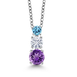 Gem Stone King Rhodium Plated 3 Stone Pendant for Women & Chain  Amethyst Moissanite 0.86ct