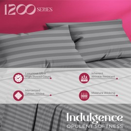 Mayfair Linen 100% Egyptian Cotton Damask Queen Sheet Set - Luxury 1200 Series Egyptian Cotton Sheets Queen Size (4 PC, Dark Grey Stripe), Soft, Breathable, 17" Deep Pocket Sateen Hotel Bedding