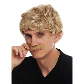 WIG ME UP - 69089-ZA82A Wig Moustache Carnival Men's Short Curly Wavy 70s Cowboy Blonde