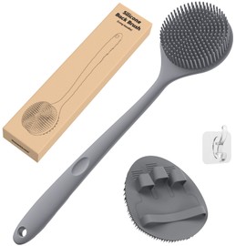 Manmihealth Silicone Back Scrubber(Thin Bristles) & Soft Bath Glove Set, Super-Cleaning Body Scrubber & Super-Lathering Shower Brush Combination, with a Free Hook. (Gray)