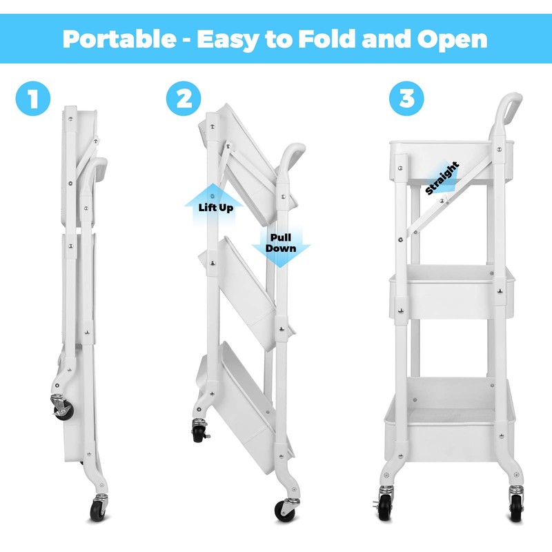 johgee Foldable 3 Tier Metal Utility Rolling Cart, Folding Mobile