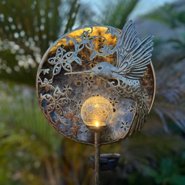ARTCOS Hummingbird Solar Light Garden Outdoor Decoration Hollow Carving Flowers Crackle Glass Ball Metal Stake for Pathway Patio Lawn Yard Mother Gift (Daisy Hummingbird)