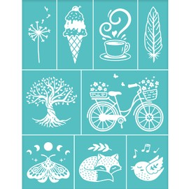 OLYCRAFT 2Pcs Self-Adhesive Silk Screen Printing Stencil Ice Cream Tree Bike Bird Fox Butterfly Mesh Transfers Silk Screen Reusable Stencil for Painting on Wood T-Shirt Fabric Bags - 11x8.5 Inch