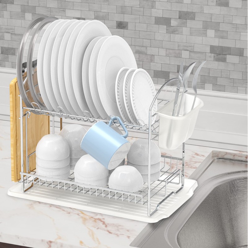 Simple Houseware 2-Tier Stainless Steel Dish Rack with Drainboard, Chrome