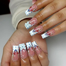 Cute Summer Press on Nails Medium Length Square Fake Nails Blue White Check French Tip Acrylic Nails 3D Bow False Nails Strawberry Stars Stick on Nails Reusable Nails for Women Girls 24Pcs