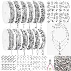Necklace Chains Jewelry Making Kit: 10 Rolls Stainless Steel Chains for DIY Western Necklace Bracelet Jewelry Making with Cowboy Charm Pendants/Jump Rings/Lobster Clasps/Connectors/Pliers