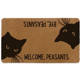 Fewgb Funny Black Cat Door Mat Welcome Doormat Gifts for Cat Lovers, Welcome Peasants Front Door Mat Outdoor Indoor for Home Outside Entrance Entryway Porch, Cute Hi Bye Coir Doormats 17x30