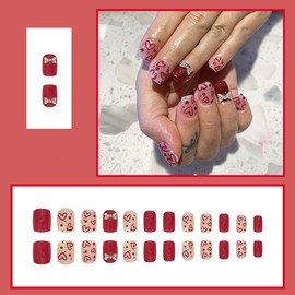 Valentine's Day Press on Nails Short Square Heart Fake Nails Full Cover Red Heart Stick on Nails with Glitter Butterfly Rhinestones Design Acrylic Nails Valentines False Nails for Women 24Pcs