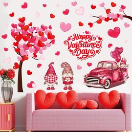JarThenaAMCS 35.4 x 11.8 Inch Valentine's Day Heart Tree Wall Stickers Pink Red Gnome Truck Large Room Mural Decals for Wedding Anniversary Party Decoration, 2 Sheets