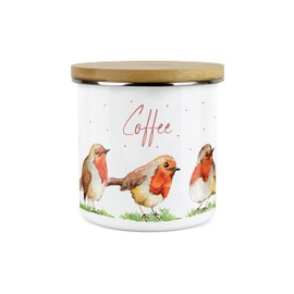 Purely Home English Robins Coffee Canister - White Metal Enamel Kitchen Food Storage Container