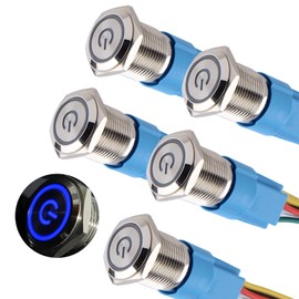DMWD 5Pcs 16mm Metal Latching Push Button Switch Waterproof Silver Shell 12V-24V 1NO 1NC ON-Off for 5/8" Mounting Hole with Pigtail Power Symbol Blue LED