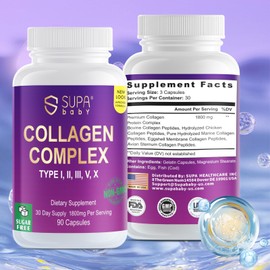 SUPABABY Premium Collagen Complex for Women - 1800mg Multi Collagen Types I, II, III, V, X, Non-GMO & Sugar Free, 90 Capsules (30 Day Supply) - Support Skin Elasticity & Joint Care
