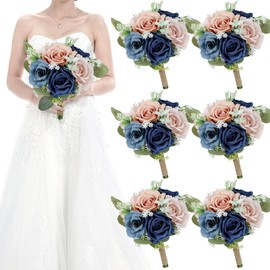 HOMENERGY Set of 6 Bridesmaid Bouquets for Wedding - 7 Inch Artificial Flowers Bouquets for Ceremony Anniversary Centerpieces Decorations - Navy & Dusty