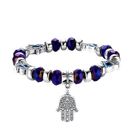 Zeshimb Evil Eye Hamsa Bracelet Crystal Beaded Fatima Hand Bracelet Stretch Sideway Blue Eye Hamsa Hand Bracelet Turkish Lucky Evil Eye Bracelet Jewelry for Women and Men