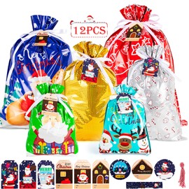 12pcs Christmas Drawstring Gift Bags Assorted Sizes Multipack Extra Large Medium Small Xmas Gift Bags Christmas Foil Bags Goody Wrapping Bags Christmas Bags for Presents with Drawstring Tags