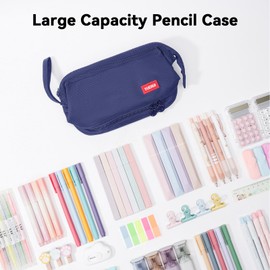 Hopesky Pencil Case - 2-Layer Large Capacity Aesthetic Pencil Pouch with Strong Zipper, Handheld Stationery Organizer Pen Case with Compartments for College, office, Travel, for Women Men (Navy)