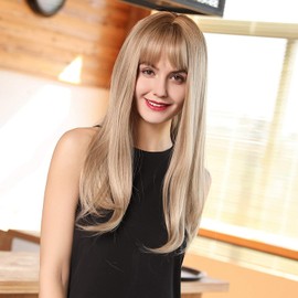 Esmee 24Inch Charming Wig Light Gold Long Wigs for Women Middle Parting Natural Straight Heat Resistant Synthetic Wigs for White Women with Bangs