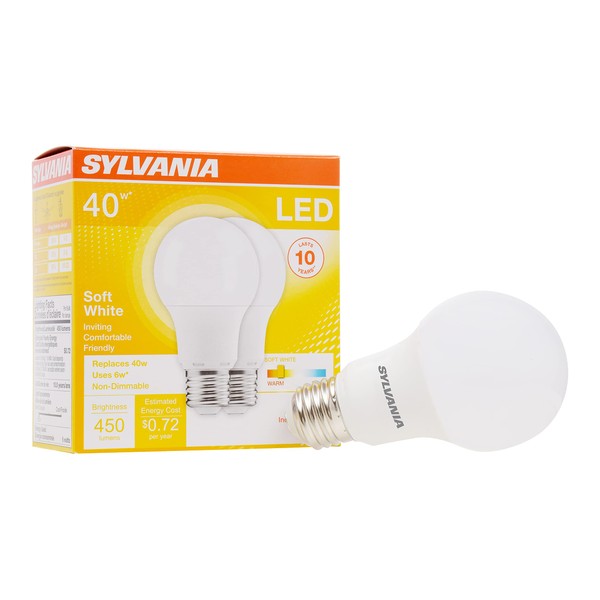 SYLVANIA LED Light Bulb, 40W Equivalent A19, Efficient 6W, Medium Base, Frosted Finish, 450 Lumens, Soft White - 2 Pack (74077)