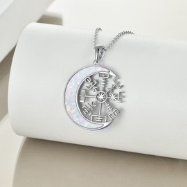 URONE Opal Viking Compass Necklace Sterling Silver Opal Viking Pendant Moon Compass Norse Pagan Jewelry for Women Men Nordic Vegvisir Gifts