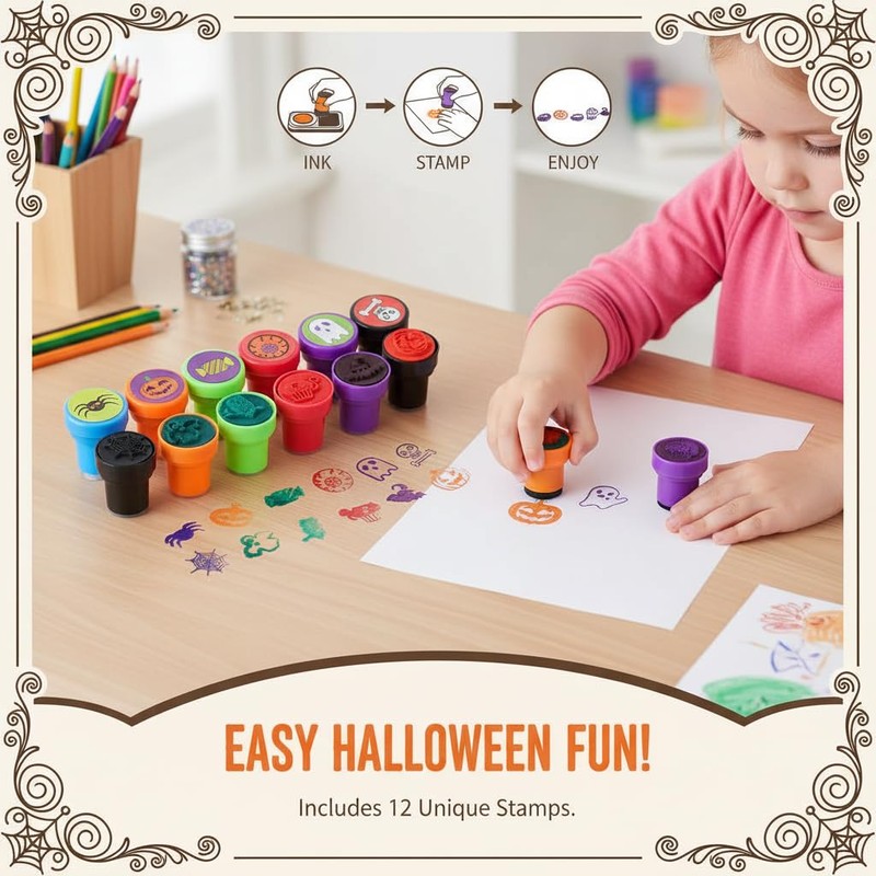 12 Pack Halloween Stamps for Kids, Non-Toxic Cartoon Stamp Set