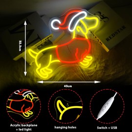 Dreamfort Christmas Dachshund Neon Sign Dog Neon Signs for Wall Decor Cute Puppy with Santa Hat Led Light Sign for Pet Shop Kids Bedroom Home Christmas Party Bar Decor, Party Accessory