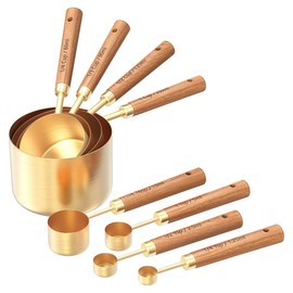 8 Pcs Golden Stainless Steel Measuring Cups and Spoons Set,Baking Tools with Phase-Mourned Wooden Handle,Measuring Cups for Cooking & Baking