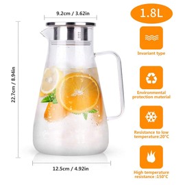 Uten 1.8 Liter 51oz Glass Pitcher with Lid, Easy Clean Heat Resistant Glass Water Carafe with Handle for Hot/Cold Beverages - Water, Cold Brew, Iced Tea & Juice