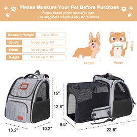 TAMUADE Cat Carrier Backpacks Expandable Cat Backpacks for Carrying Cats Up to 20 Lb, Grey L