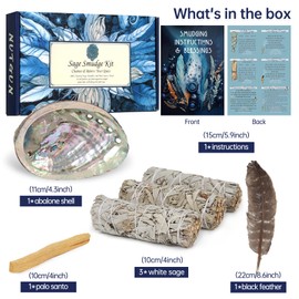 Nutgun Sage Smudge Kit - 3 White Sage Sticks, Palo Santo Stick, Abalone Shell, Smudging Feather & Guide~ Sage Incense Sticks for Cleansing House & Meditation
