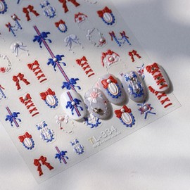 Red Blue Nail Stickers Bow Nail Art Decals Cartoon Nail Sticker for Nails Art Self Adhesive 5D Embossed with Pearl Design Manicure Supply Decoration Accessories for Women Girls Kid
