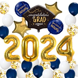 JOJO FLY Graduation Party Supplies 2024 Decorations Kit, Gold 2024 Balloons, Congratulations Grad Foil Balloons, Navy Blue Gold and White Balloons Set, Graduation Decorations 2024, Graduation Balloons