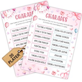 Pink Slumber Party Games Card - Coquette Pink Bow Themed Sleepover Slumber Party Supplies- Birthday Night Games Creative Idea -Sleepover Stuff- Charades- 20 Game Cards