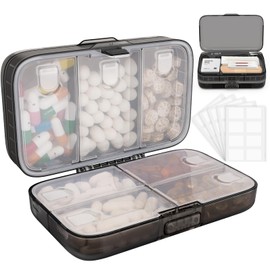 FYY Weekly Pill Organizer with Labels,8 Compartments Travel Daily Pill Case Airtight Moistureproof Large Pill Box to Hold Vitamins, Fish Oil, Supplements,Cotton Swab and Bandages Black