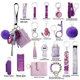 Araafur Leather Wristlet Keychain Set with Personal Alarm and Bottle Opener, Car Keychain Accessories for Women (Purple Keychain Set)