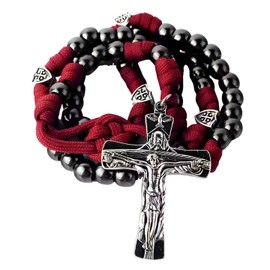 Intercession Handcrafted Paracord Rosary, Black Methalic Beads with Red Braided Cord, Jerusalem Cross Accents