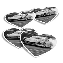 Vinyl Heart Stickers (Set of 4) - BW - Drift Racing Car Fun Decals for Laptops,Tablets,Luggage,Scrap Booking,Fridges #37450