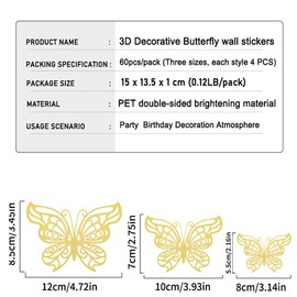 TGXRZX - Decoración de mariposa 3D, 60 piezas (3 tamaños, 5 estilos), disponible para decoración de cama de niños, decoración de fondo de pared, decoraciones de boda, fiestas de cumpleaños y regalos de bricolaje (60 unidades, oro láser)