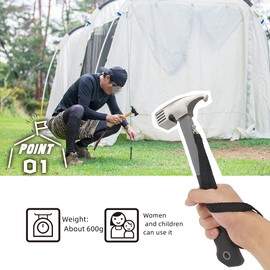 Eidoct Camping Hammer Tent Peg Puller, Outdoor Multifunction High Carbon Steel Hook Angle Design Tent Pegs Stake Nail Puller Remover Hammer with Tent Peg Remover for Outdoor Camping Picnic (grey)