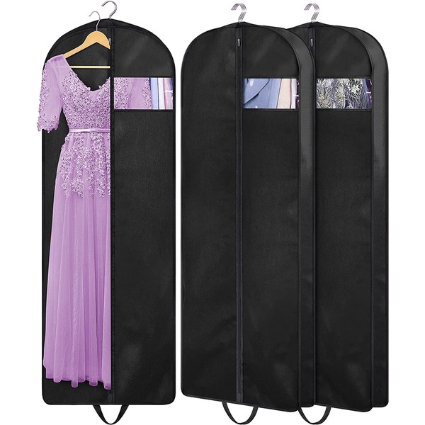 MISSLO 60" Dress Bags Covers Long Garment Bags for Storage and Travel Gusseted Hanging Suit Carriers for Women Men with Handles for Clothes, Gowns, Coats (3 Packs)
