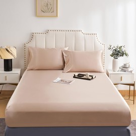 DuShow Satin Fitted Sheet Taupe Single Bed 100 x 200 cm, Silky Satin Bed Sheet with Deep Pockets, Breathable, Soft, Comfortable Satin Bed Linen, Fitted Sheet, Suitable for Mattresses up to 30 cm