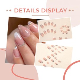 24Pcs Ombre Press on Nails Medium Almond Fake Nails Rhinestones with Pink White Gradient Design French tip False Nails Glossy Full Cover Stick on Acrylic Artificial Reusable Glue on Nails for Women
