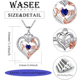 Wasee September Birthstone Necklace for Mom 925 Sterling Silver Rose Flower Heart Sapphire Stone Birthday Pendant Jewelry Gifts for Mother from Daughter