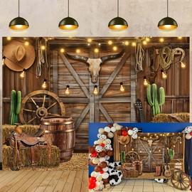 Western Cowboy Backdrop Western Party Decorations 7x5FT Wild West Rustic Wooden House Barn Photography Background for Portrait Kids Boy Birthday Party Supplies Photo Props