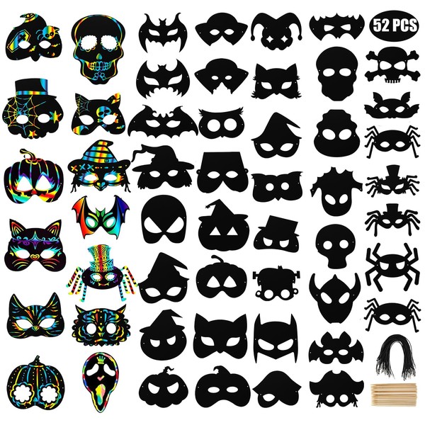 Nicunom 52 PCS Halloween Rainbow Scratch Mask, Magic Scratch Paper