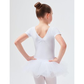 Tanzmuster Children’s Ballet Tutu "Nele" - cute short sleeve ballet leotard with tutu skirt and rhinestones in pink and white., white, 164/170