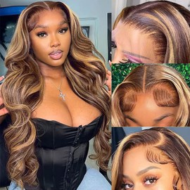 Pizazz Highlight 13x4 HD Transparent Lace Front Wigs Human Hair with Baby Hair 180 Density Glueless Wigs Human Hair Pre Plucked 4/27 Colored Honey Blonde Body Wave Frontal Wigs Human Hair 22 Inch